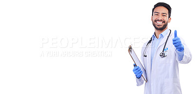 Buy stock photo Happy, doctor and portrait with thumbs up for checklist, support and agreement or to show sign for yes with hand on white background in studio. Thank you, like and ok healthcare mockup with surgeon