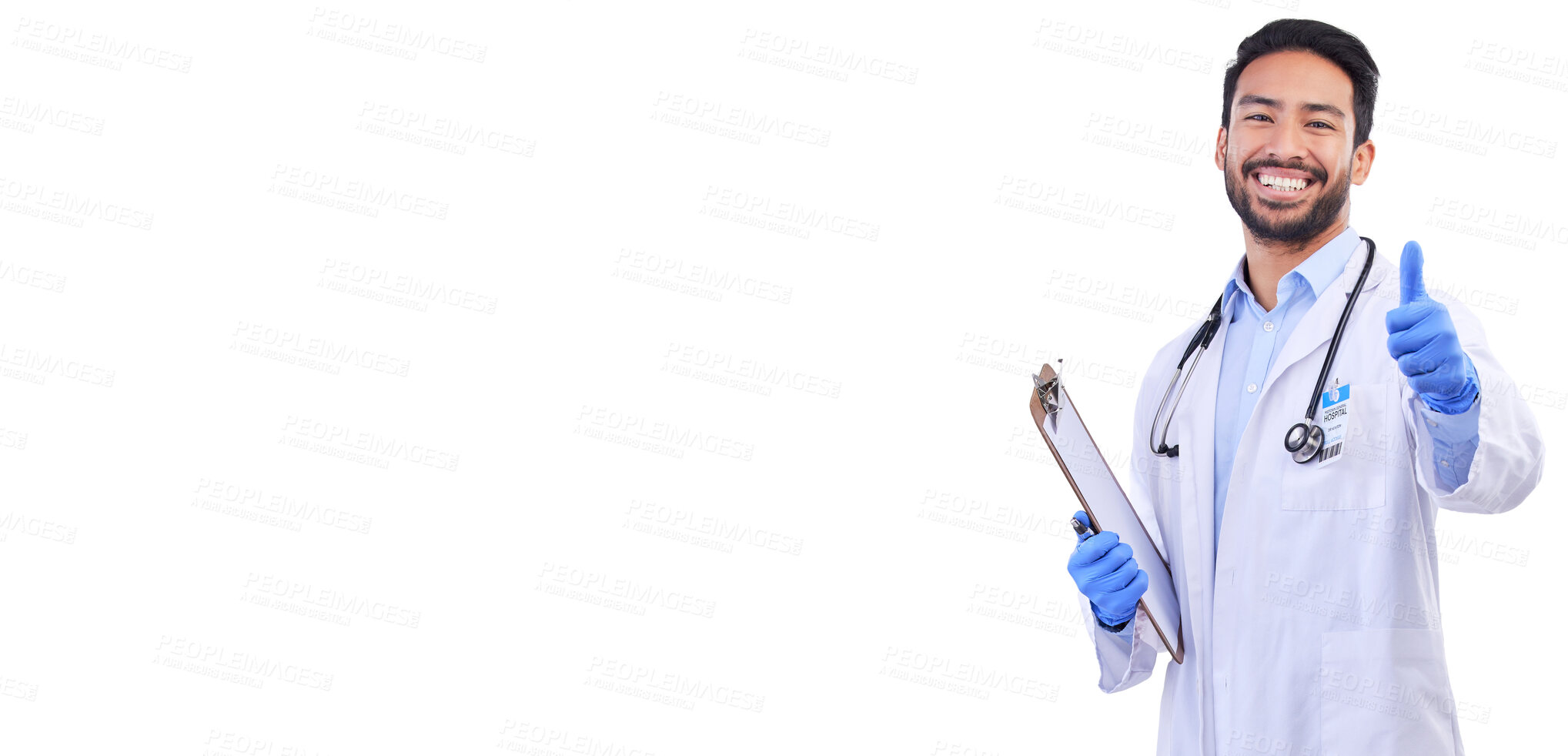 Buy stock photo Happy, doctor and portrait with thumbs up for checklist, support and agreement or to show sign for yes with hand on white background in studio. Thank you, like and ok healthcare mockup with surgeon