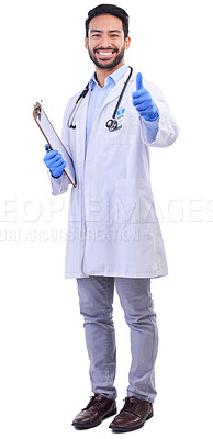 Buy stock photo Indian doctor, thumbs up and happy portrait of support, agreement or to show sign for yes with hand on white background in studio. Thank you, like and ok healthcare and professional medical service