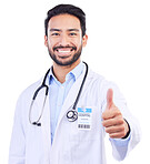 Man, doctor portrait and thumbs up with smile from healthcare and medical work in studio. Isolated, white background and happy male professional with emoji and yes hand gesture for success and like