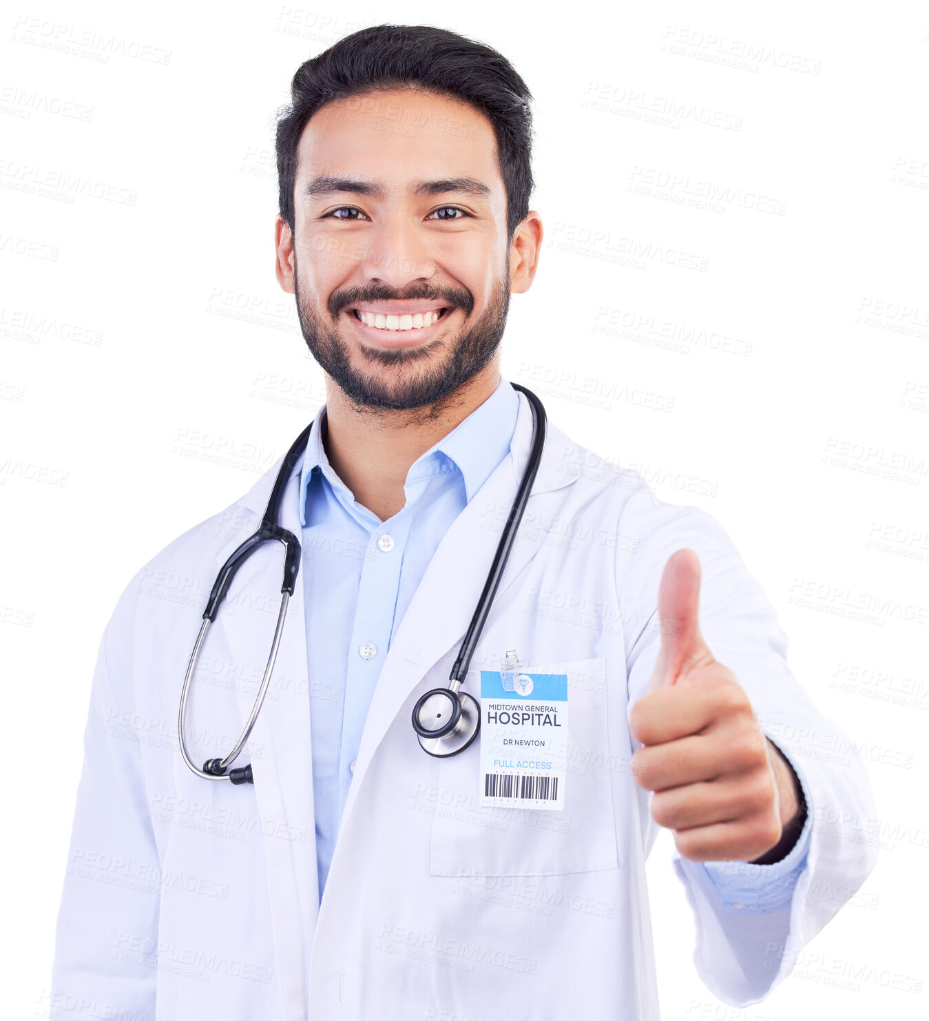 Buy stock photo Man, doctor portrait and thumbs up with smile from healthcare and medical work in studio. Isolated, white background and happy male professional with emoji and yes hand gesture for success and like