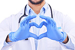 Man, doctor and heart hands for healthcare, love or care in cardiology against a white studio background. Closeup of male person or medical professional with loving emoji, symbol or sign and shape