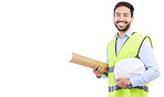 Happy asian man, portrait and architect on mockup space for construction against white studio background. Male person, engineer or contractor smile with blueprint and hard hat for architecture plan