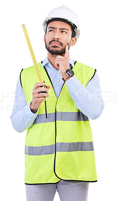 Buy stock photo Architect thinking, tape measure or studio man ideas for  building inspection, real estate project or property planning. Engineer, problem solving focus or construction contractor on white background