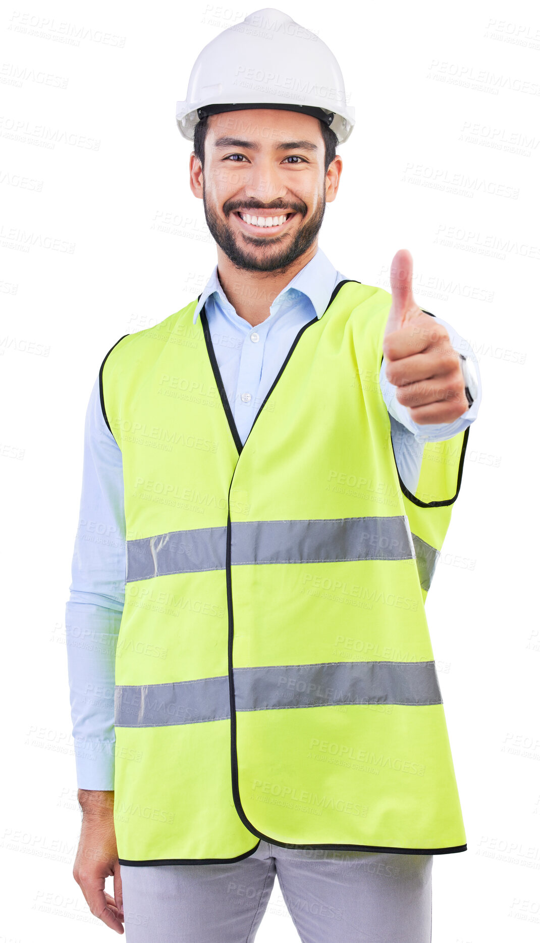 Buy stock photo Architect portrait, thumbs up or happy man for development success, real estate vote or construction yes approval. Engineer, emoji like icon or studio person for civil engineering on white background