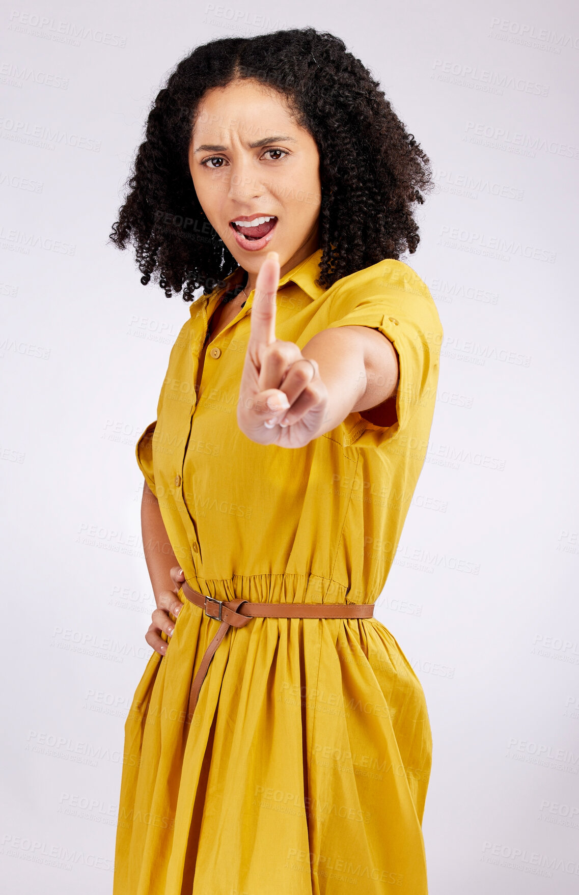 Buy stock photo No, stop and studio portrait African woman with hand, gesture and sign to stop, limit or warning of protest on white background. Angry, face and frustrated person with vote, opinion and disagreement