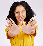 Hands, happy and portrait of a woman for presentation, showing fingers and counting on a studio background. Smile, work and a young person or marketing employee with a gesture for advertising