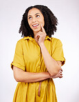 Thinking, planning and woman with an idea or decision on a choice mindset isolated in a studio pink background. Memory, wondering and young female person with fashion inspiration or solution