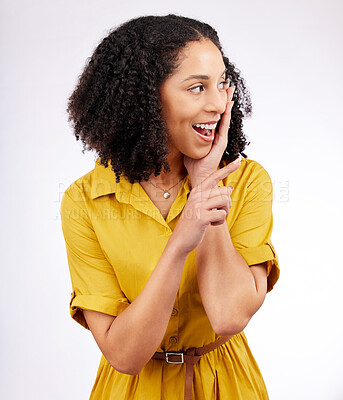 Buy stock photo Wow, pointing and excited woman in studio with a surprise or advertising isolated on a white background. Promotion, sale and young african female person with hand sign for discount announcement