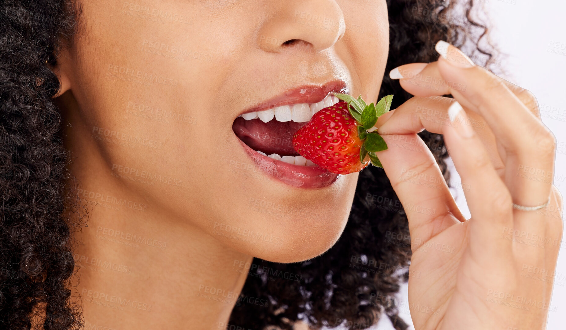 Buy stock photo Healthy, eating or mouth of woman with strawberry in studio on white background for clean diet nutrition. Hand, bite closeup or girl model with beauty or natural fruits for nutrition or wellness