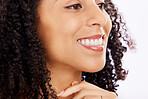 Beauty, skincare and face of black woman on a white background for wellness, health and facial. Dermatology, closeup and natural happy female person smile for cosmetics, makeup and luxury in studio