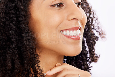 Buy stock photo Beauty, skincare and face of black woman on a white background for wellness, health and facial. Dermatology, closeup and natural happy female person smile for cosmetics, makeup and luxury in studio