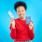 African woman, passport and thinking in studio with plane ticket, doubt or decision for travel by blue background. Gen z girl, student and ideas with paperwork for international immigration to USA