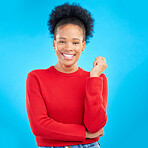 Studio, portrait and black woman with a smile, natural beauty and confidence with afro, fashion or thinking with hand or gesture. Blue background, African girl and mindset for goals or happiness 