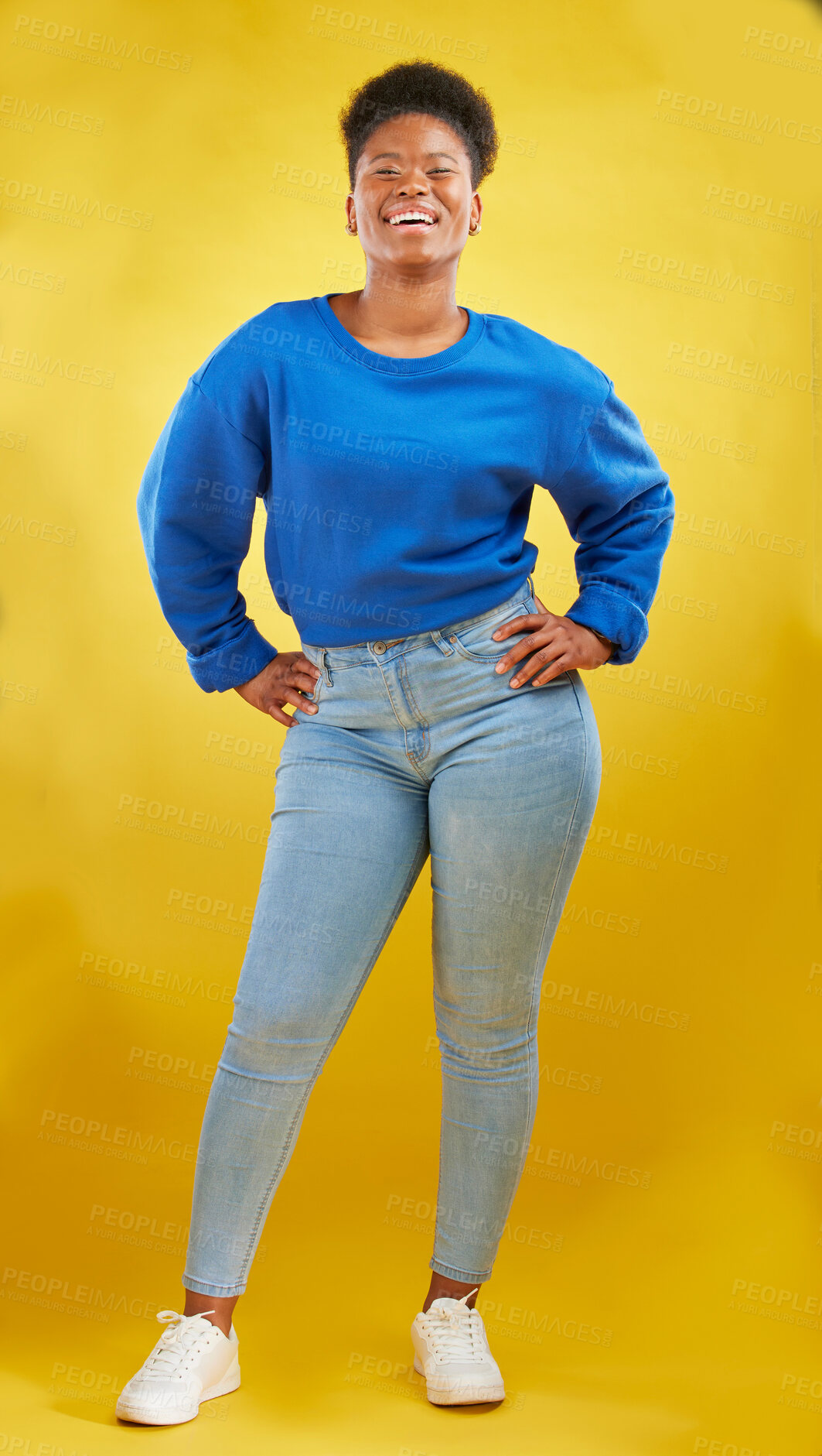 Buy stock photo Happy, fashion and portrait of a black woman on a studio background for style and trendy aesthetic. Smile, beautiful and a young African girl or model in clothes isolated on a yellow backdrop