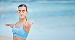 Fitness, music and woman by beach for yoga with mockup space for wellness, healthy body and energy. Sports, nature and female person listen to audio or song for exercise, training and workout by sea