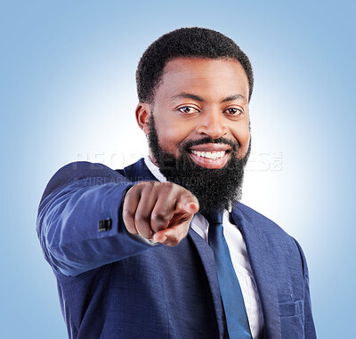 Buy stock photo Portrait, business and black man hand pointing in studio for hiring, recruitment or opportunity on blue background. Face, smile and African male person with you, emoji and coming soon or contact us