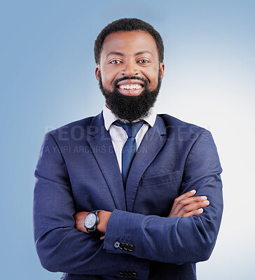 Buy stock photo Happy, crossed arms and portrait of businessman in a studio with success, confidence and leadership. Smile, professional and headshot of a young, smart and African lawyer isolated by blue background.