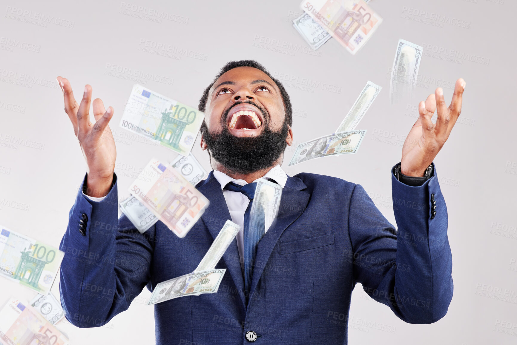 Buy stock photo Money, rain and happy black man in studio for savings, growth or cashback bonus on white background, Cash, shower and African winner with investment, success or financial freedom award celebration