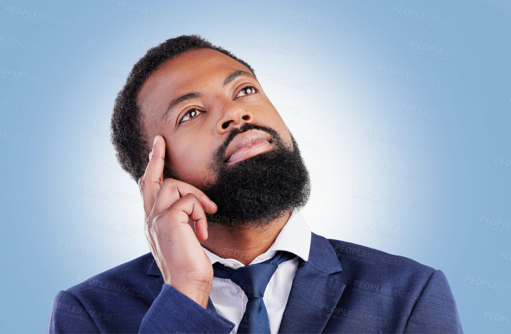 Buy stock photo Thinking, idea and black man in studio with choice, planning or problem solving on blue background. Questions, why and African male with solution, plan and asking, how or did you know decision emoji