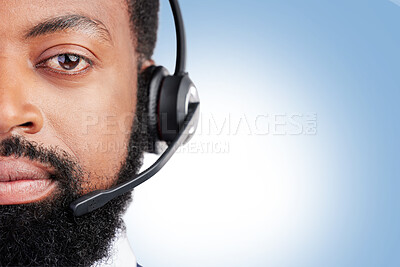 Buy stock photo Customer service headset, portrait and serious black man in studio consultation, help desk support or contact us service. Telemarketing space, face and African person on mockup blue background banner