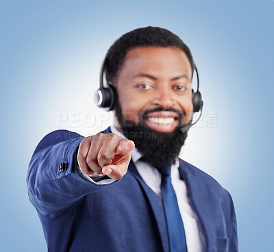 Buy stock photo Customer service portrait, happy black man or hand pointing at you, telemarketing choice or insurance agent with promotion decision. Studio face, career job or African person smile on blue background