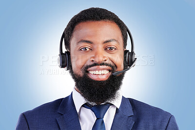 Buy stock photo Customer service portrait, happy black man and business agent for consultation, help desk support or contact us. Telemarketing, studio face and African person for call center sales on blue background