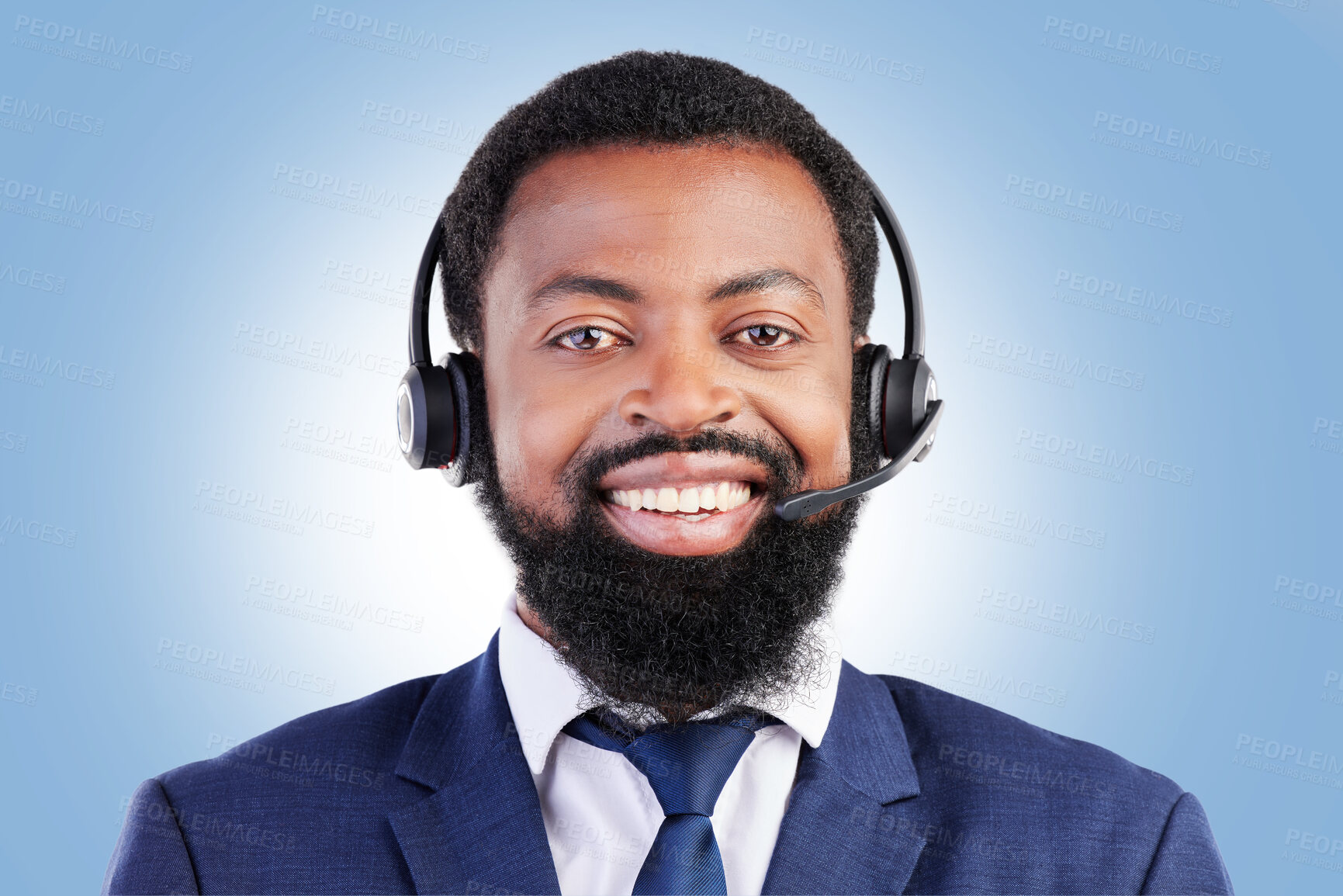 Buy stock photo Customer service portrait, happy black man and business agent for consultation, help desk support or contact us. Telemarketing, studio face and African person for call center sales on blue background