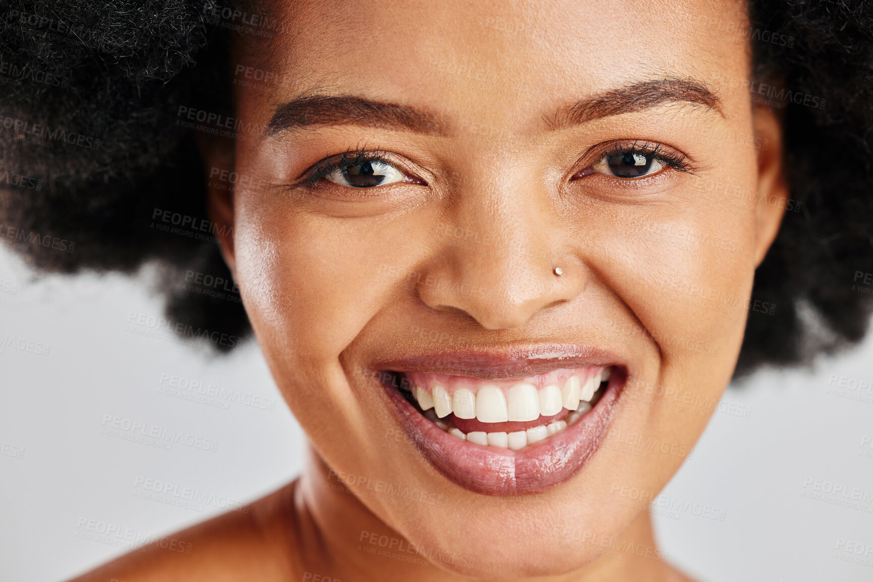 Buy stock photo Beauty portrait, dental or African woman smile for studio skincare shine, facial cosmetics or clean teeth whitening. Natural aesthetic makeup, oral tooth care or happy person face on white background