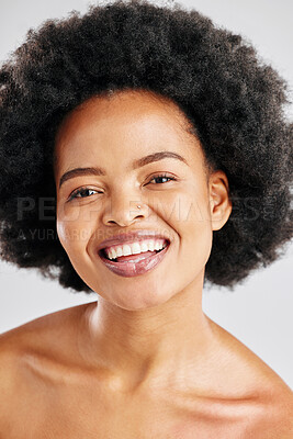 Buy stock photo Portrait, happy black woman and face for skincare, aesthetic glow and dermatology on white background. Female model, natural beauty and afro hair in studio for shine, healthy facial cosmetic or smile