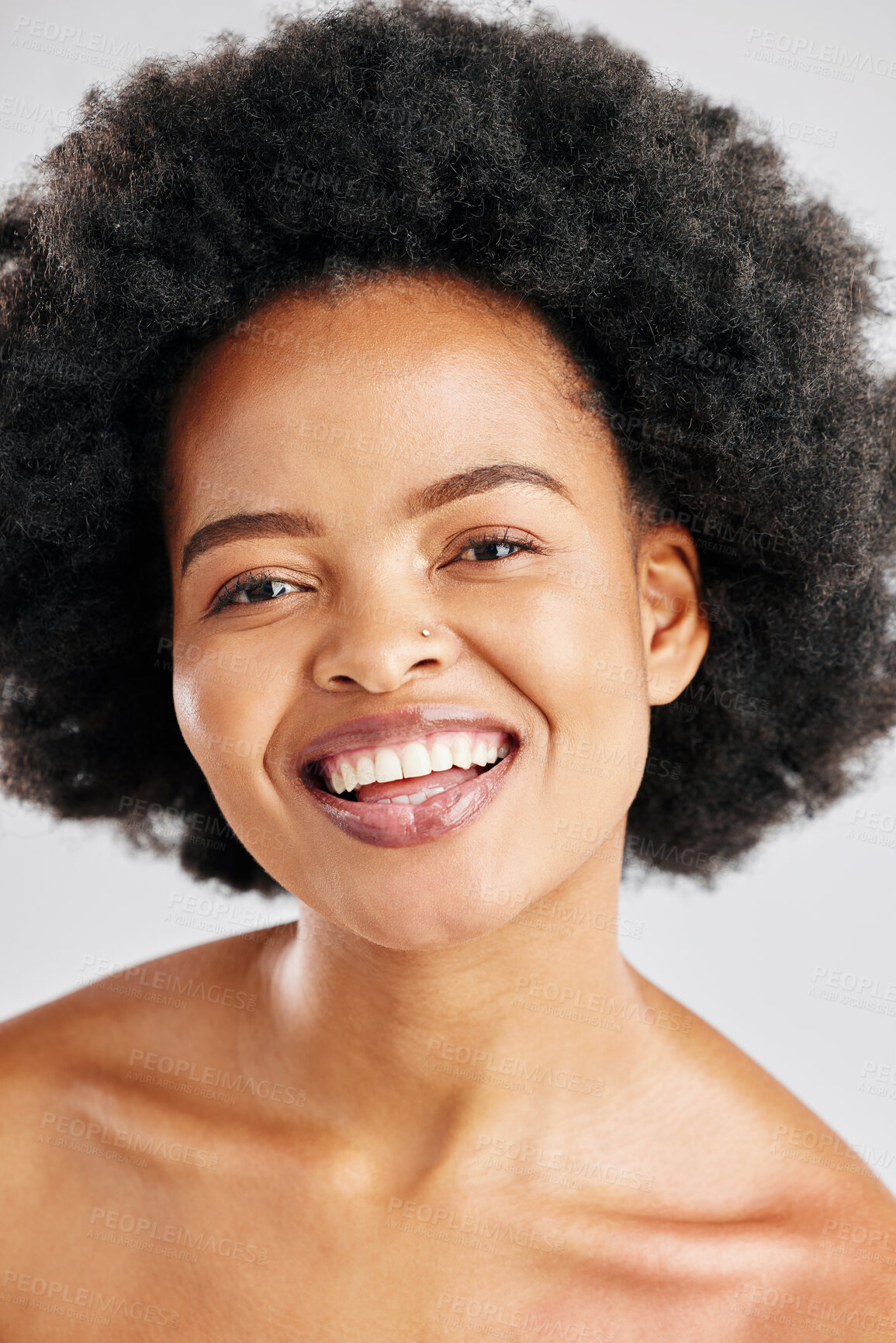 Buy stock photo Portrait, happy black woman and face for skincare, aesthetic glow and dermatology on white background. Female model, natural beauty and afro hair in studio for shine, healthy facial cosmetic or smile