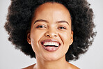 Beauty portrait, afro and African woman smile for studio skincare, cosmetics or facial cleaning, teeth wellness or dental care. Aesthetic face makeup, oral health and person laugh on white background