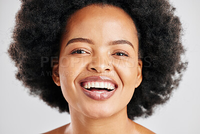 Buy stock photo Beauty, portrait and African woman smile for studio skincare, natural cosmetics or facial glow, anti aging or hair care. Aesthetic face makeup, happiness or real person laugh on white background