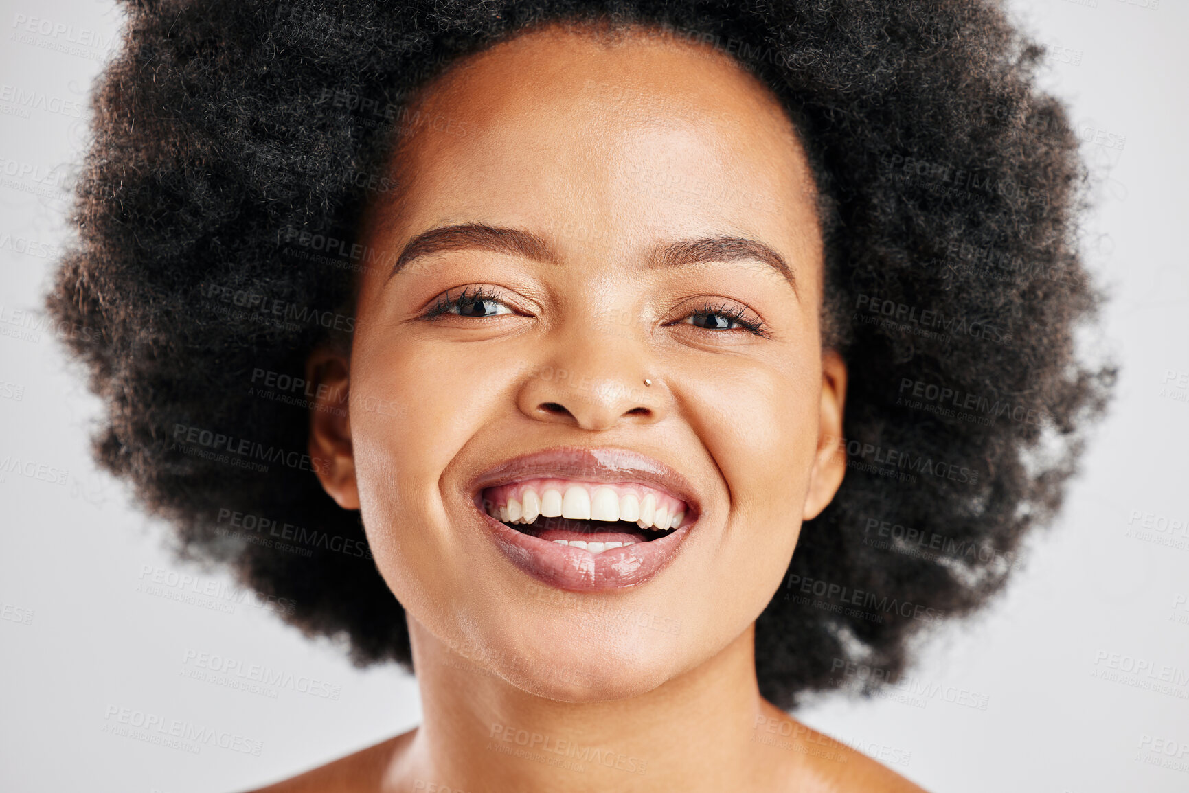 Buy stock photo Beauty, portrait and African woman smile for studio skincare, natural cosmetics or facial glow, anti aging or hair care. Aesthetic face makeup, happiness or real person laugh on white background