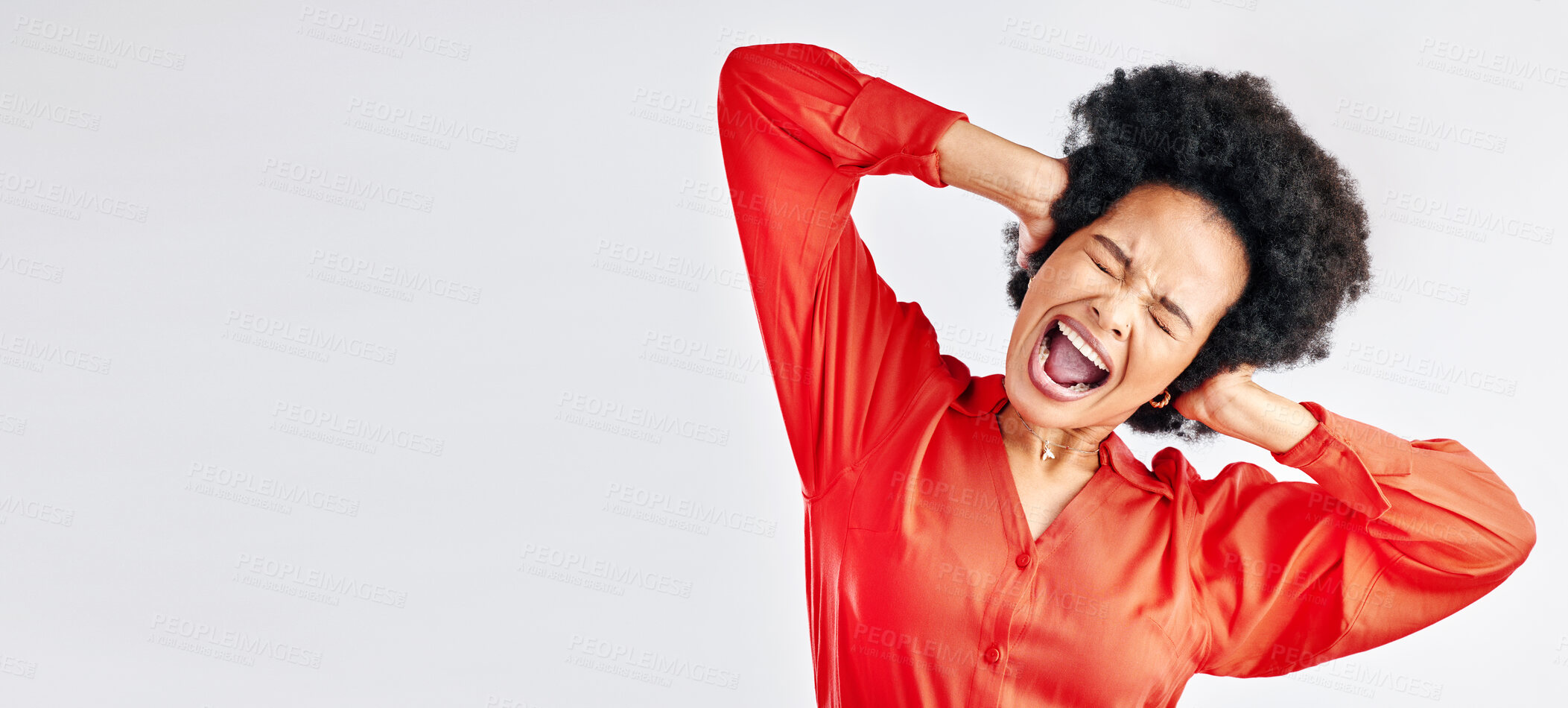 Buy stock photo Anger, shouting and a black woman with stress on a studio background with mockup for mental health. Bipolar, anxiety and a screaming African person or girl with a problem and space on a backdrop