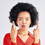 Woman, fingers crossed or portrait of surprise in studio for good luck on white background. Face of female model hope for bonus, promotion and winning giveaway with hand emoji, sign and lottery prize