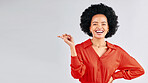 Portrait, pointing and black woman mockup, smile and promotion against a white studio background. Face, female person and model with hand gesture, showing and choice with presentation and opportunity