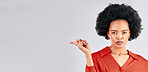 Serious face, pointing and black woman mockup, opportunity and presenting against a white studio background. Portrait, female person and model with hand gesture, showing and choice with discount deal