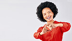 Portrait, mockup and black woman with heart hands, smile and support on a white studio background. Face, female person or happy model with symbol for love, like or loving hand gesture with motivation