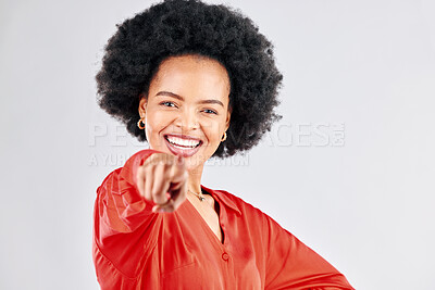 Buy stock photo Portrait, smile and pointing with an afro black woman in studio on a white background to vote for you. Face, opportunity and voice with a happy young female making a choice, selection or decision