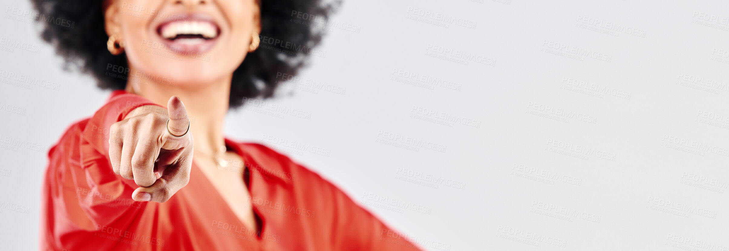 Buy stock photo Woman, hands and pointing to you in studio for choice, decision of winner and volunteering on mockup space. Closeup, banner and finger emoji of happy model for recruitment, hiring or white background