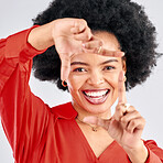 Portrait, finger frame or face of black woman in studio to review profile picture on white background. Happy female model, hands or planning perspective of photography, selfie or creative inspiration