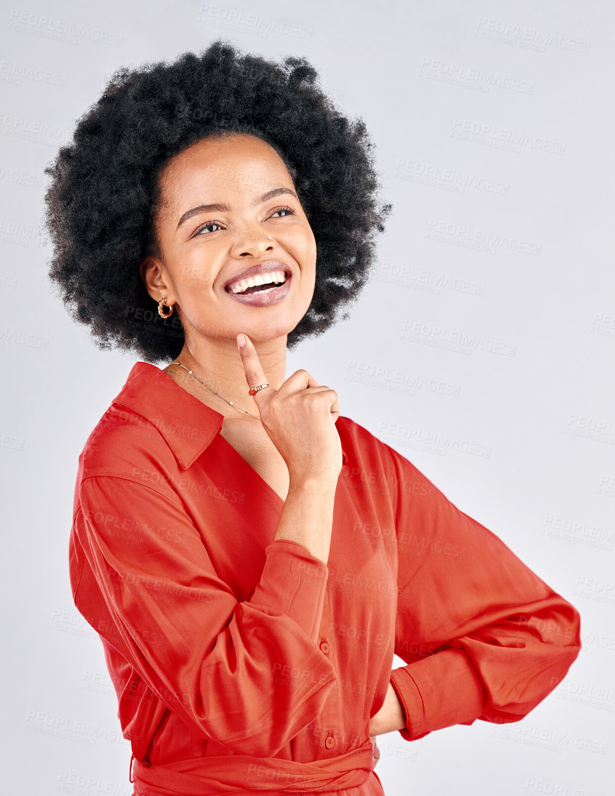 Buy stock photo Happy black woman, thinking face and ideas in studio of vision, mindset and planning future inspiration on white background. Female model, smile and daydream of decision, remember memory and solution