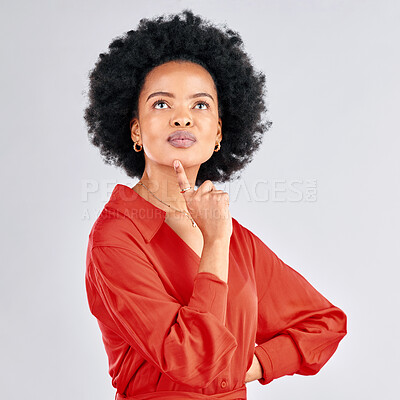 Buy stock photo Black woman, thinking and ideas in studio, white background and vision of mindset, planning future and question why. Face of curious model daydream of decision, remember memory and solution of choice