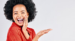 Happy black woman, portrait and afro with palm for advertising against a white studio background. Excited African female person in wow for showing advertisement, branding or marketing on mockup space