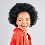 Happy, excited and portrait of woman in studio with success, confidence and leadership. Happiness, smile and professional young African female creative designer mindset isolated by gray background.