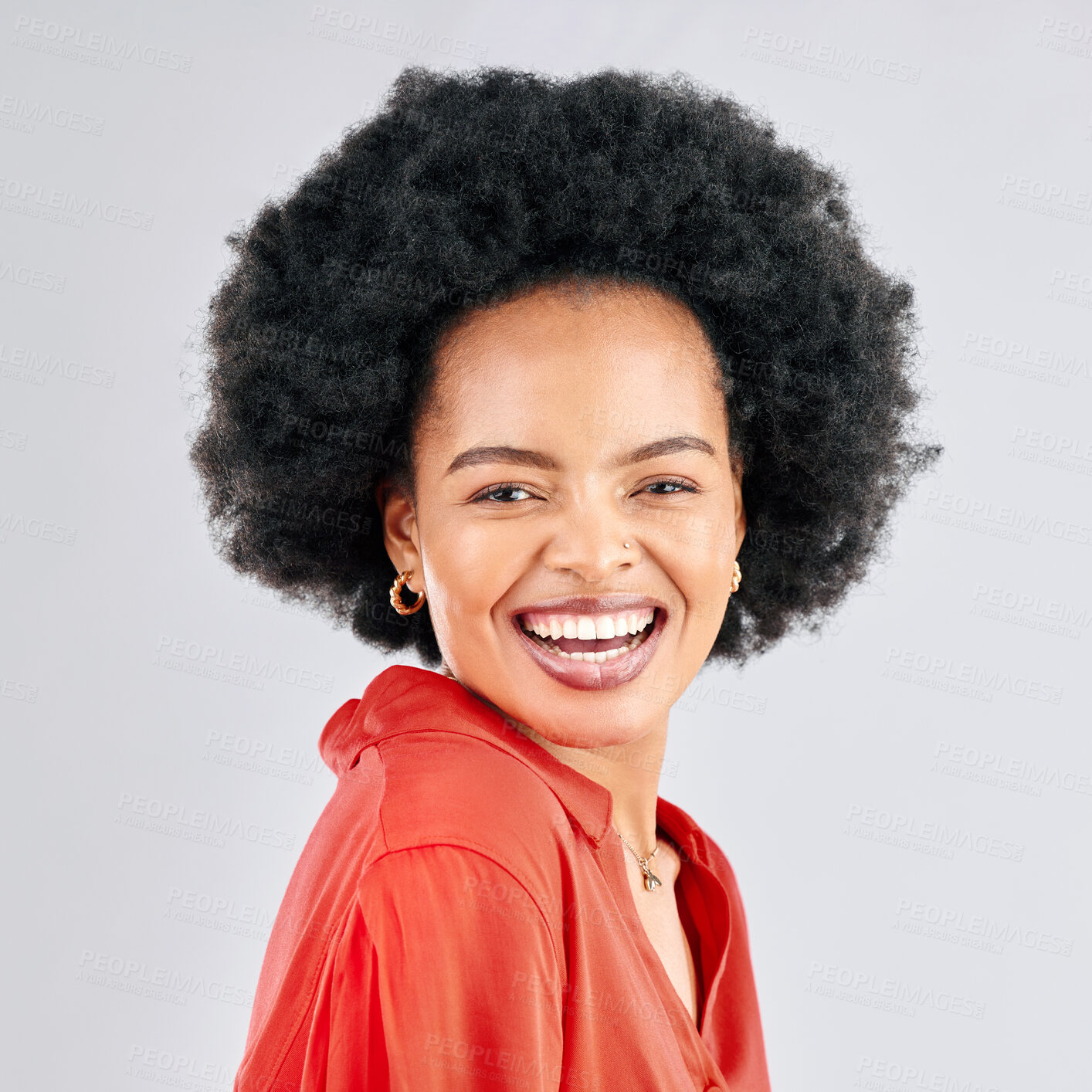 Buy stock photo Happy, excited and portrait of woman in studio with success, confidence and leadership. Happiness, smile and professional young African female creative designer mindset isolated by gray background.