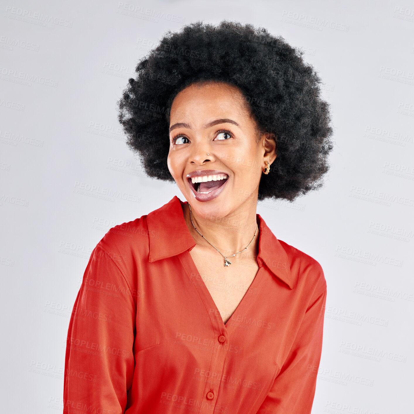 Buy stock photo Thinking, happy and a black woman hearing gossip or good news in studio on a white background. Idea, smile and a curious young female person with an afro eavesdropping or listening to a secret