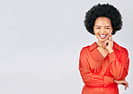 Corporate, mockup and portrait of black woman on a studio background with arms crossed or pride. Smile, expert and African employee or worker isolated on a backdrop with space for advertising