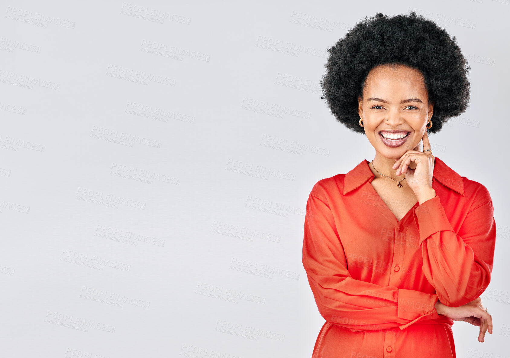 Buy stock photo Happy, mockup and portrait of a black woman on a white background in studio with arms crossed or pride. Smile, confidence and an African person isolated on a banner backdrop with advertising space